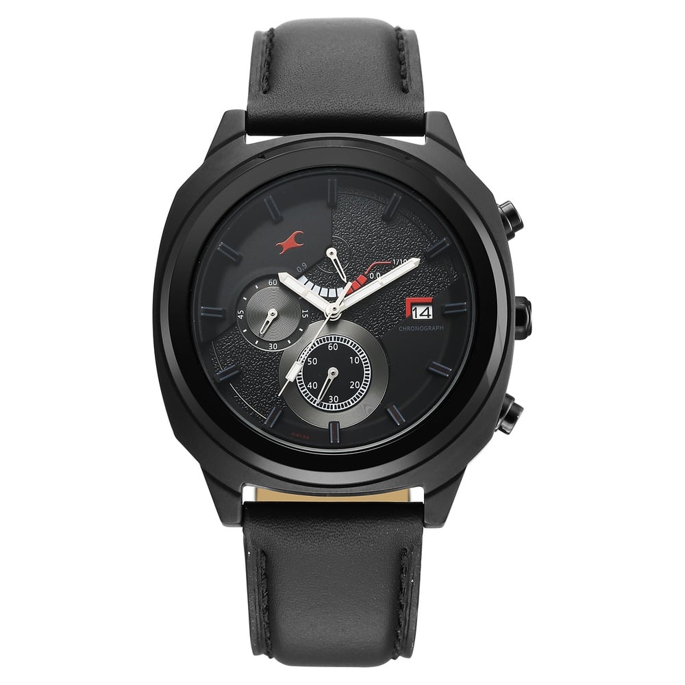 Fastrack Kronos Guys Chronograph Watch With Date Black Dial & Black Leather Strap