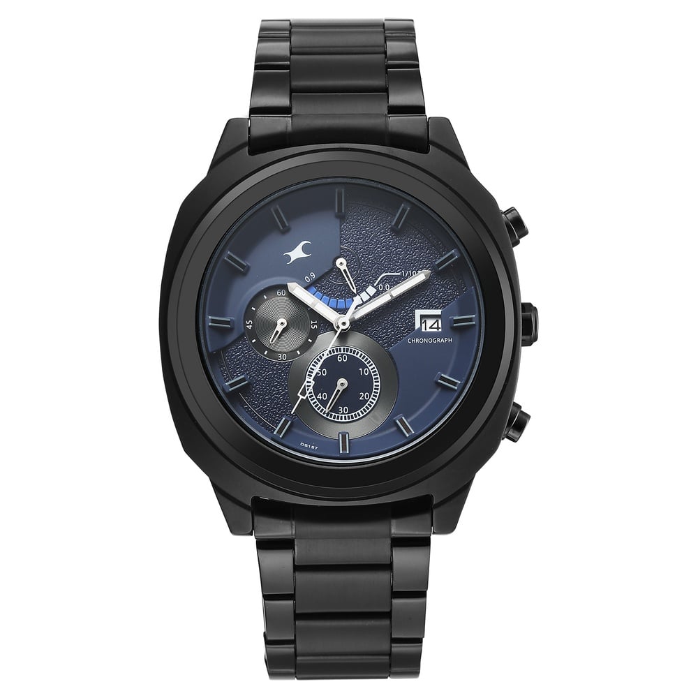 Fastrack Kronos Guys Chronograph Watch With Date Blue Dial & Black Stainless Steel Strap