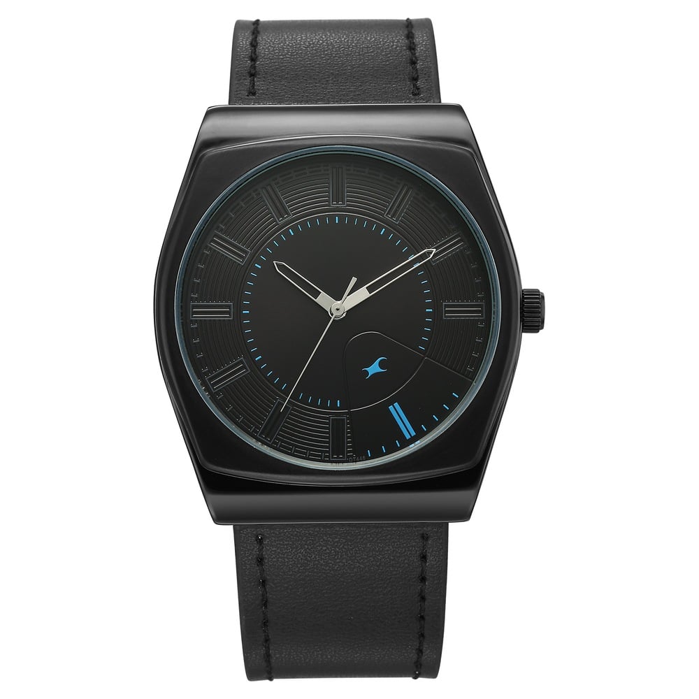 [38212nl01] Fastrack Stunners Quartz Analog Black Dial Black Leather Strap Watch For Guys