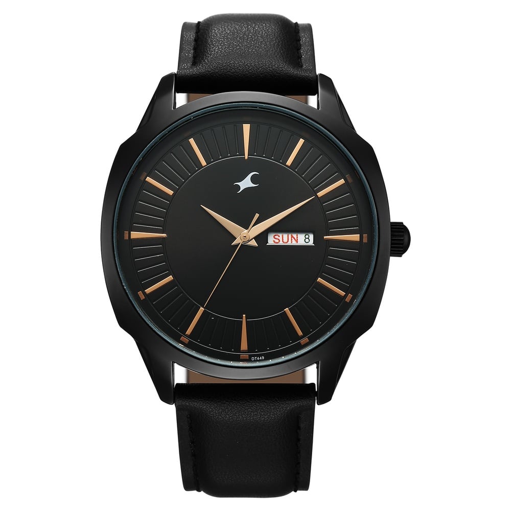 Fastrack Stunners Quartz Analog Black Dial Black Leather Strap Watch For Guys