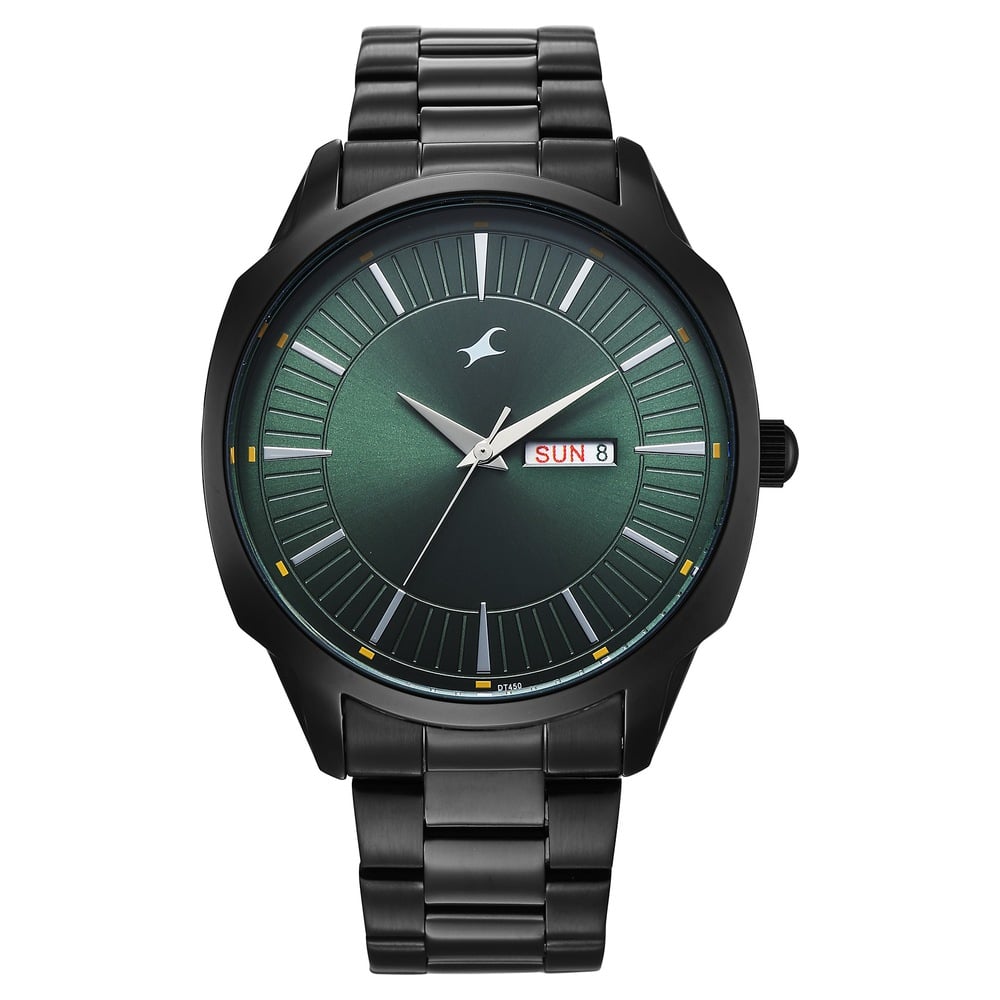 [38213nm01] Fastrack Stunners Quartz Analog Green Dial Brown Stainless Steel Strap Watch For Guys
