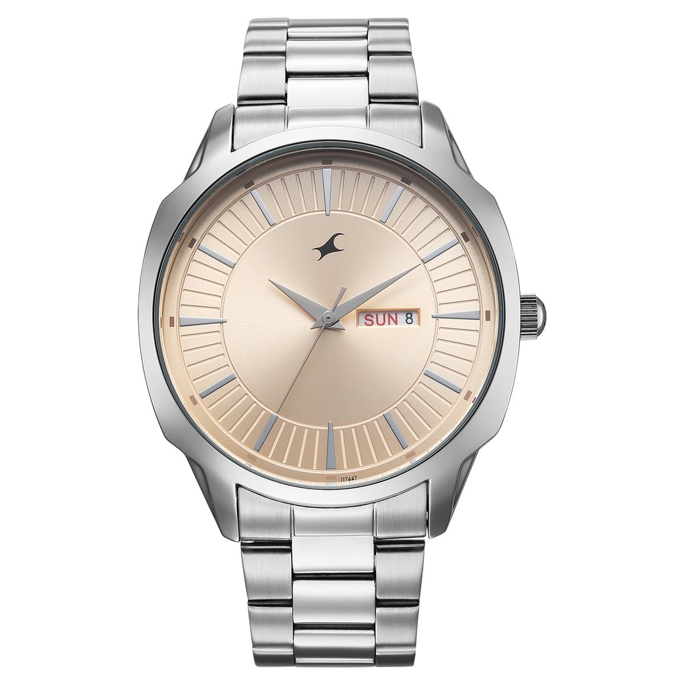 [38213sm01] Fastrack Stunners Quartz Analog Beige Dial Silver Stainless Steel Strap Watch For Guys
