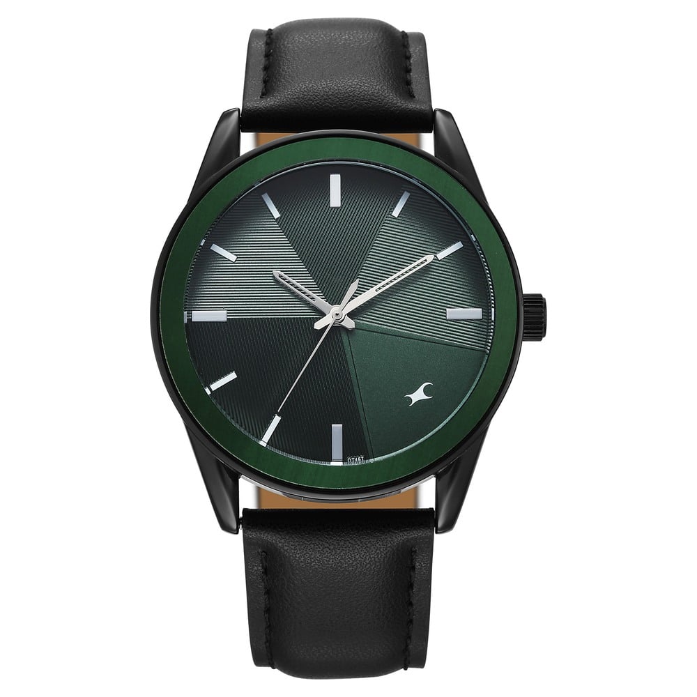 [38215kl01] Fastrack Stunners Quartz Analog Green Dial Black Leather Strap Watch For Guys