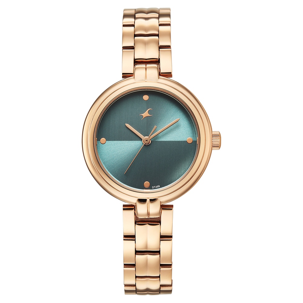 [68063wm02] Fastrack Stunners Quartz Analog Teal Dial Rose Gold Stainless Steel Strap Watch For Girls