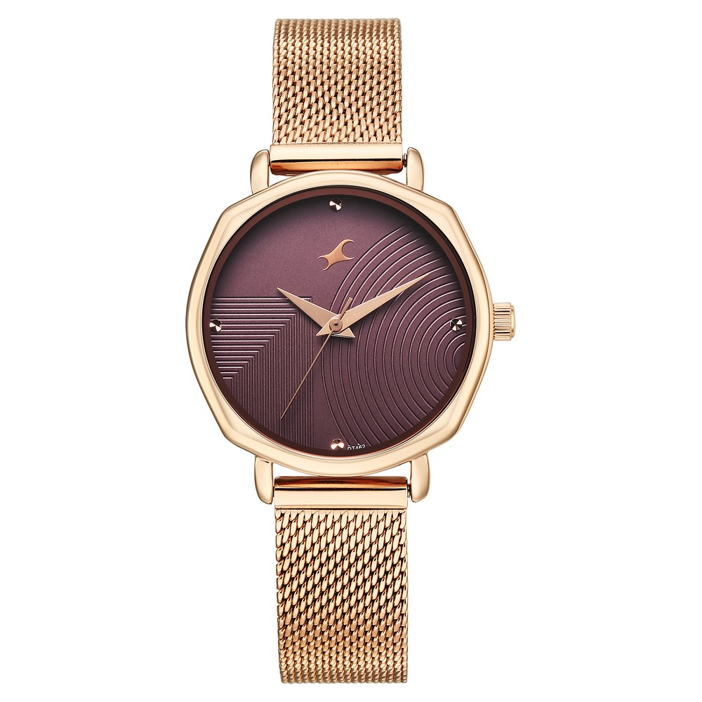 Fastrack Stunners Quartz Analog Purple Dial Rose Gold Stainless Steel Strap Watch For Girls