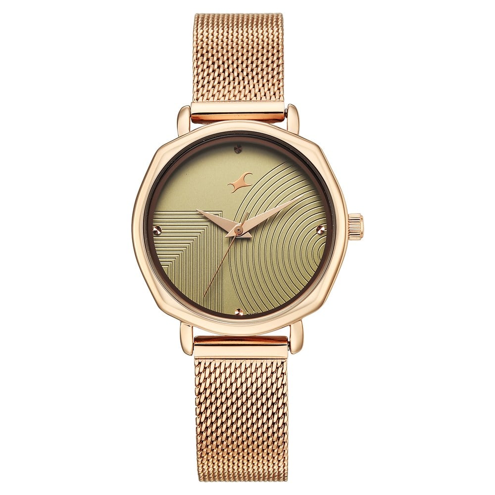 Fastrack Stunners Quartz Analog Green Dial Rose Gold Stainless Steel Strap Watch For Girls