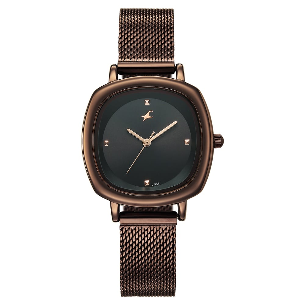 [68065qm02] Fastrack Stunners Quartz Analog Black Dial Brown Stainless Steel Strap Watch For Girls
