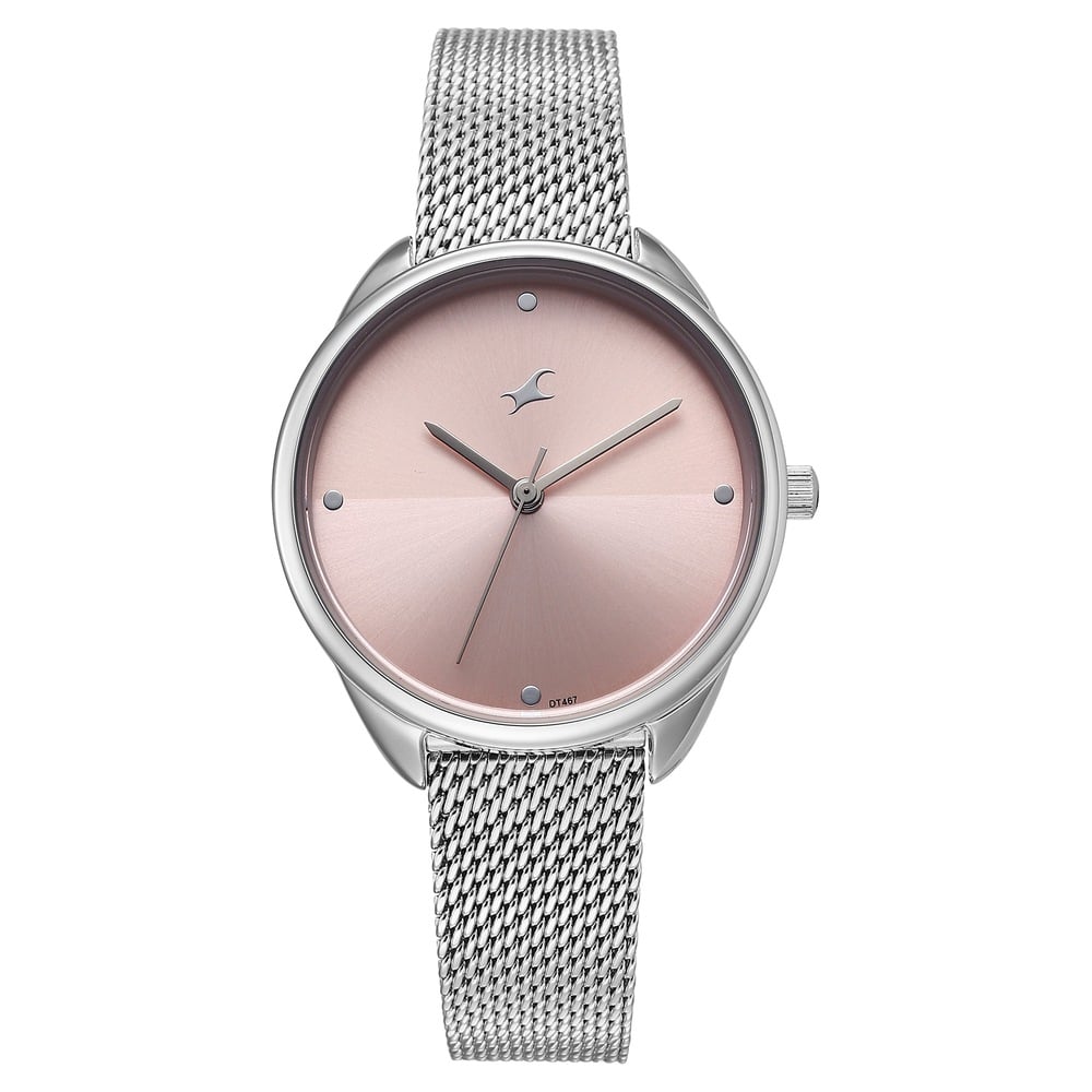 [68066sm01] Fastrack Stunners Quartz Analog Pink Dial Silver Stainless Steel Strap Watch For Girls