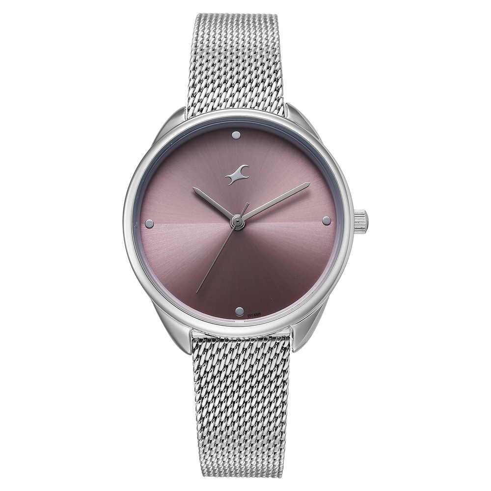 [68066sm02] Fastrack Stunners Quartz Analog Purple Dial Silver Stainless Steel Strap Watch For Girls