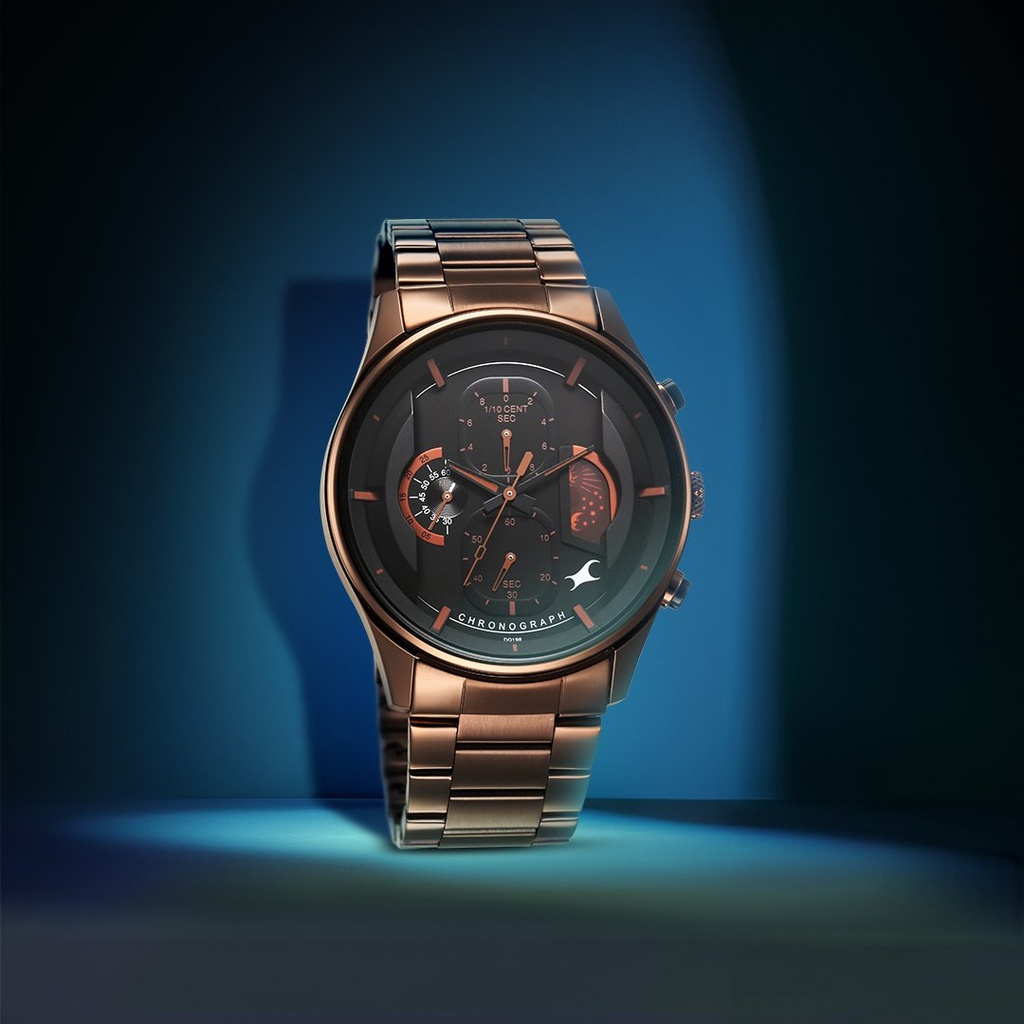 [3315KM02] Fastrack Opulence Sun Moon Chronograph Black Dial Brown Metal Strap Analog Quartz Watch For Guys