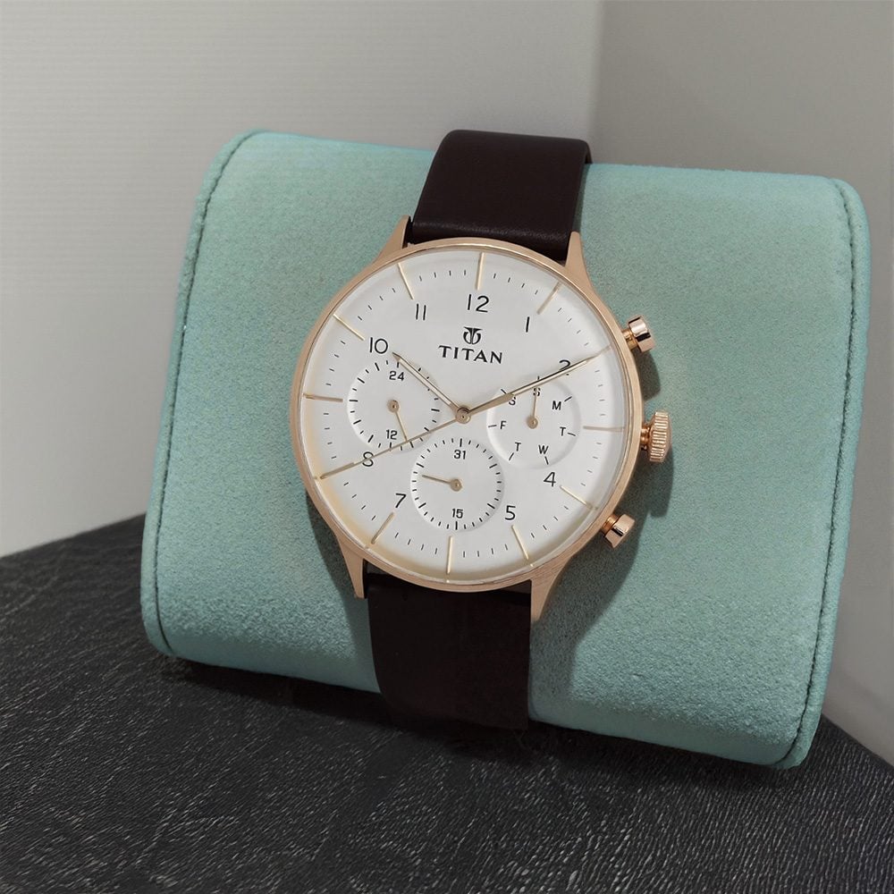 [90102WL01] Titan Quartz Multifunction White Dial Leather Strap Watch for Men