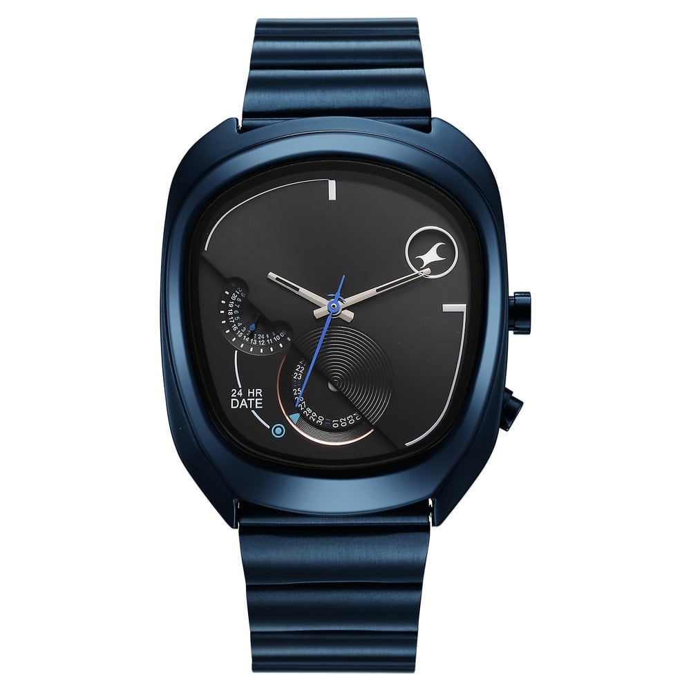 [3327qm01] Fastrack UFO Quartz Multifunction Black Dial Blue Stainless Steel Strap Watch For Guys