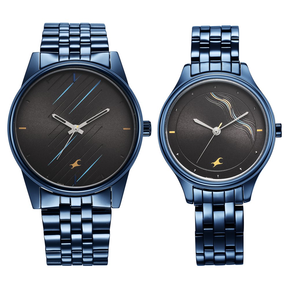 [33056296QM01] Fastrack Mixmatched Quartz Analog Black Dial Blue Stainless Steel Strap Watch for Couple