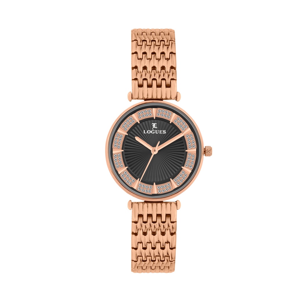 [L6187WM-03] Logues Quartz Analogue Black Dial Rose Metal Strap Watch For Women
