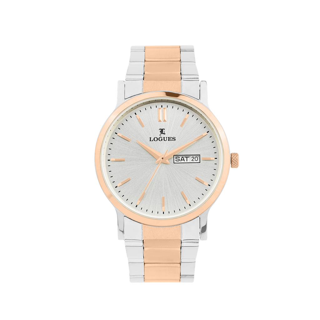 [G4182BWMD-02] Logues Quartz Analogue Silver Dial Rose Two Tone Metal Strap Watch For Men