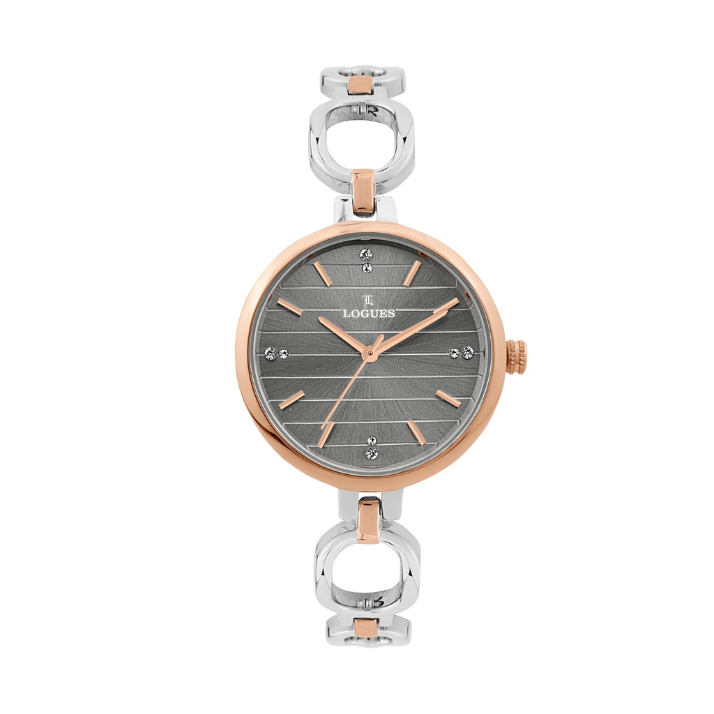 [L6237BWM-27] Logues Quartz Analogue Grey Dial Rose Two Tone Metal Strap Watch For Women