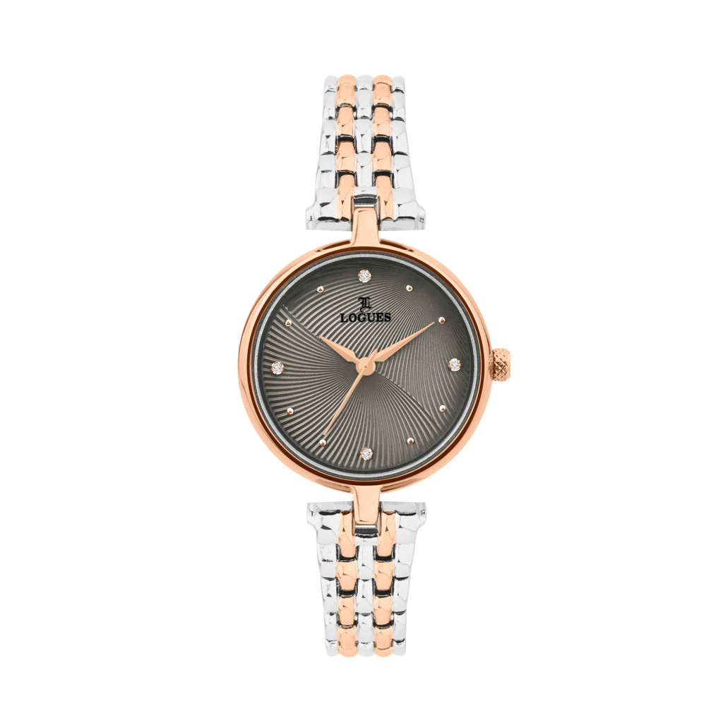 [L6238BWM-27] Logues Quartz Analogue Grey Dial Rose Two Tone Metal Strap Watch For Women