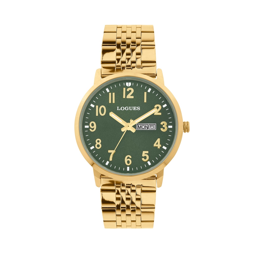 [G4191YMD-10] Logues Quartz Analogue Green Dial Gold Metal Strap Watch For Men