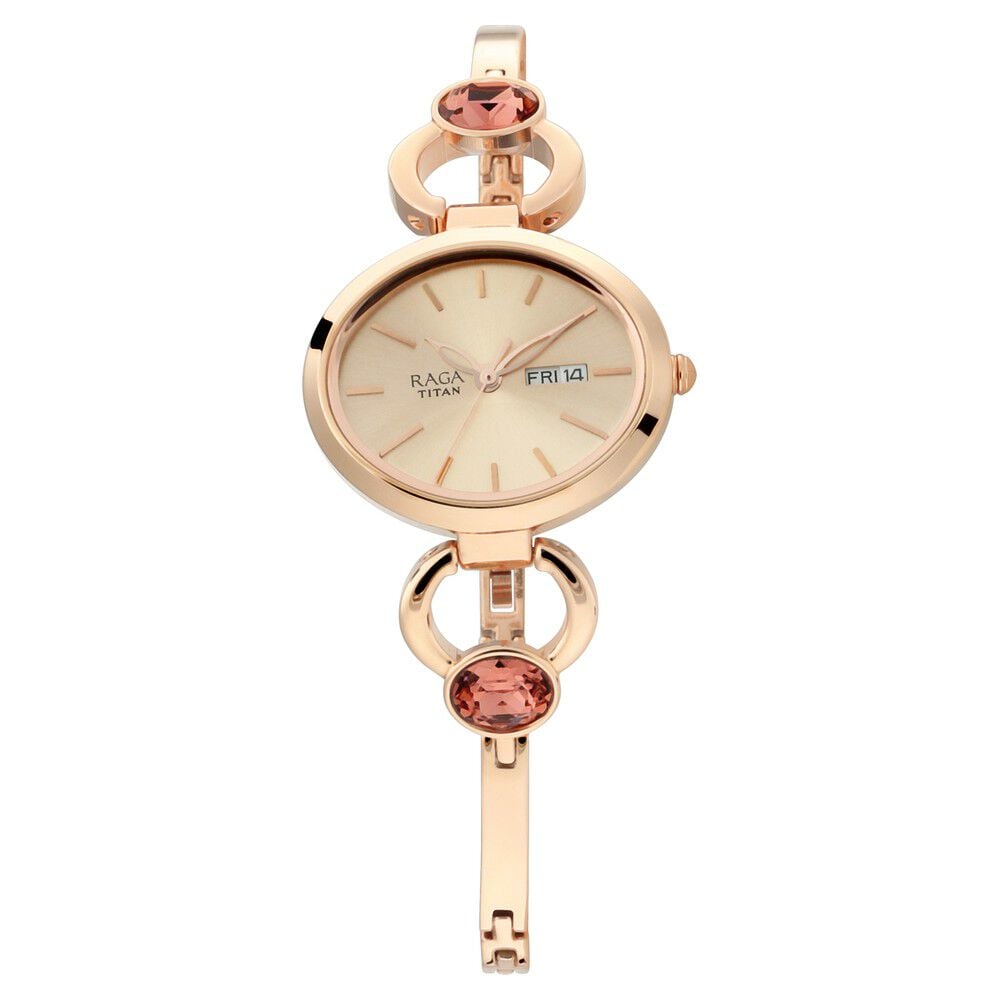 [2621WM01] Titan Raga Viva Rose Gold Dial Analog with Day and Date Metal Strap Watch for Women