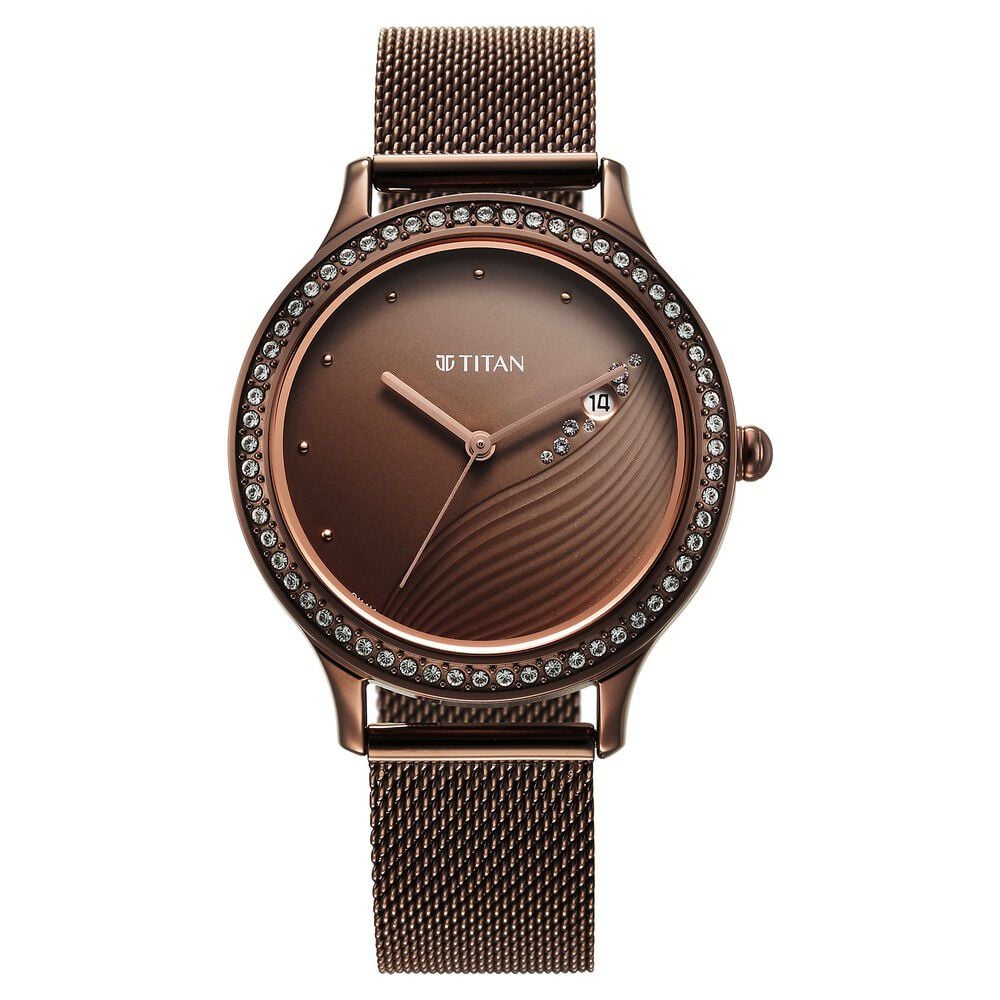 [2634qm01] Titan Purple Glam It Up Brown Dial Analog with Date Stainless Steel Strap Watch for Women