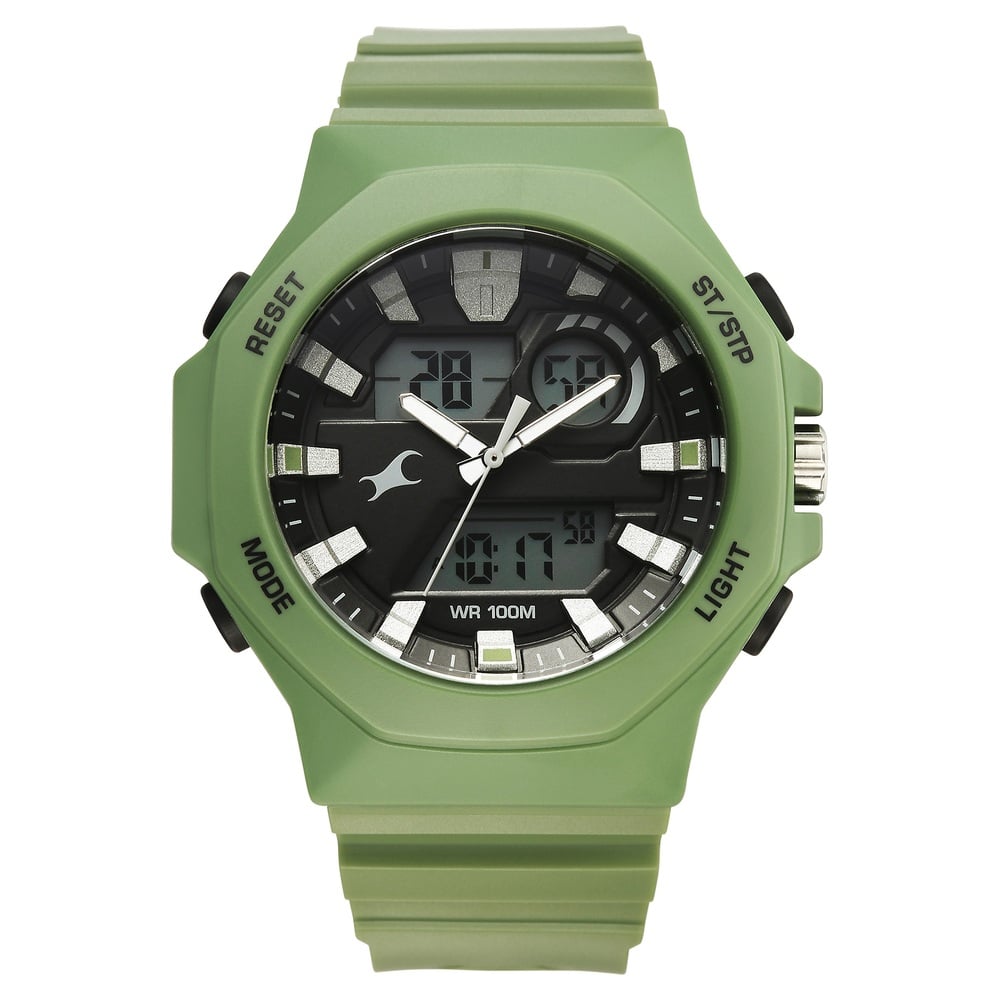 [38171pp03] Fastrack Streetstyle Quartz Digital Black Dial Green PU Strap Watch For Guys
