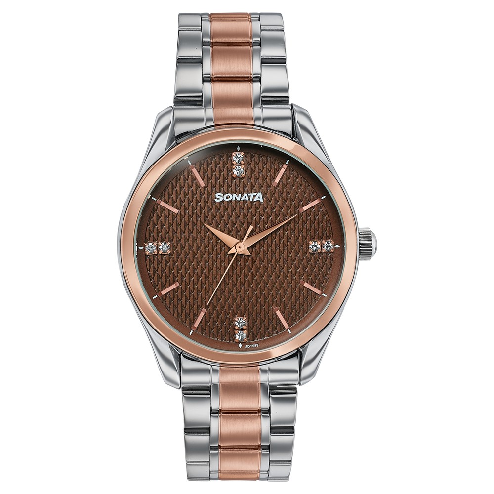 [77206km05] Sonata Jashn Quartz Analog Brown Dial Two Toned Metal Strap Watch For Men
