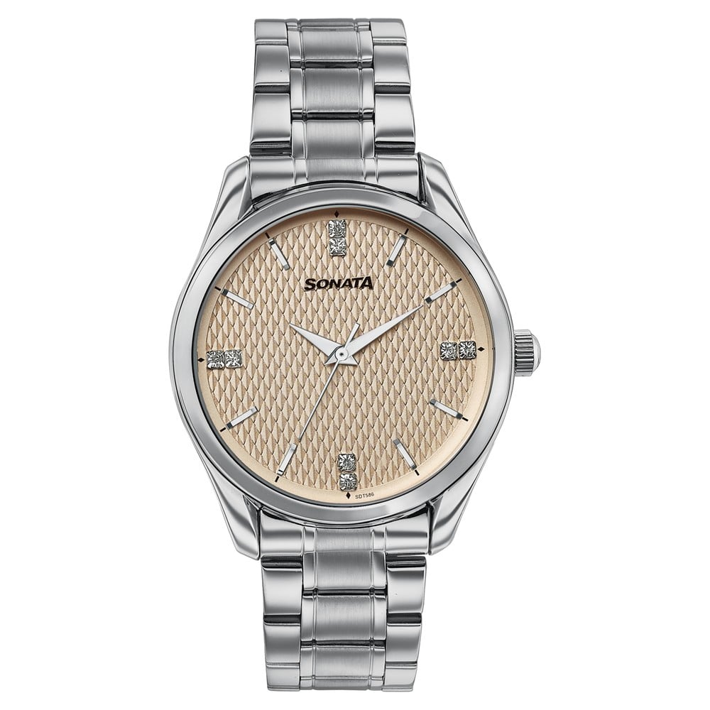 [77206sm01] Sonata Jashn Quartz Analog Beige Dial Silver Metal Strap Watch For Men