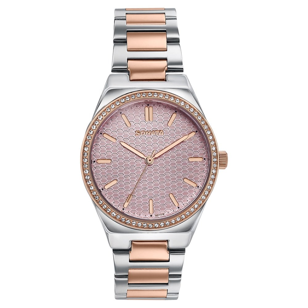 [87120km01] Sonata Jashn Quartz Analog Pink Dial Two Toned Metal Strap Watch For Women