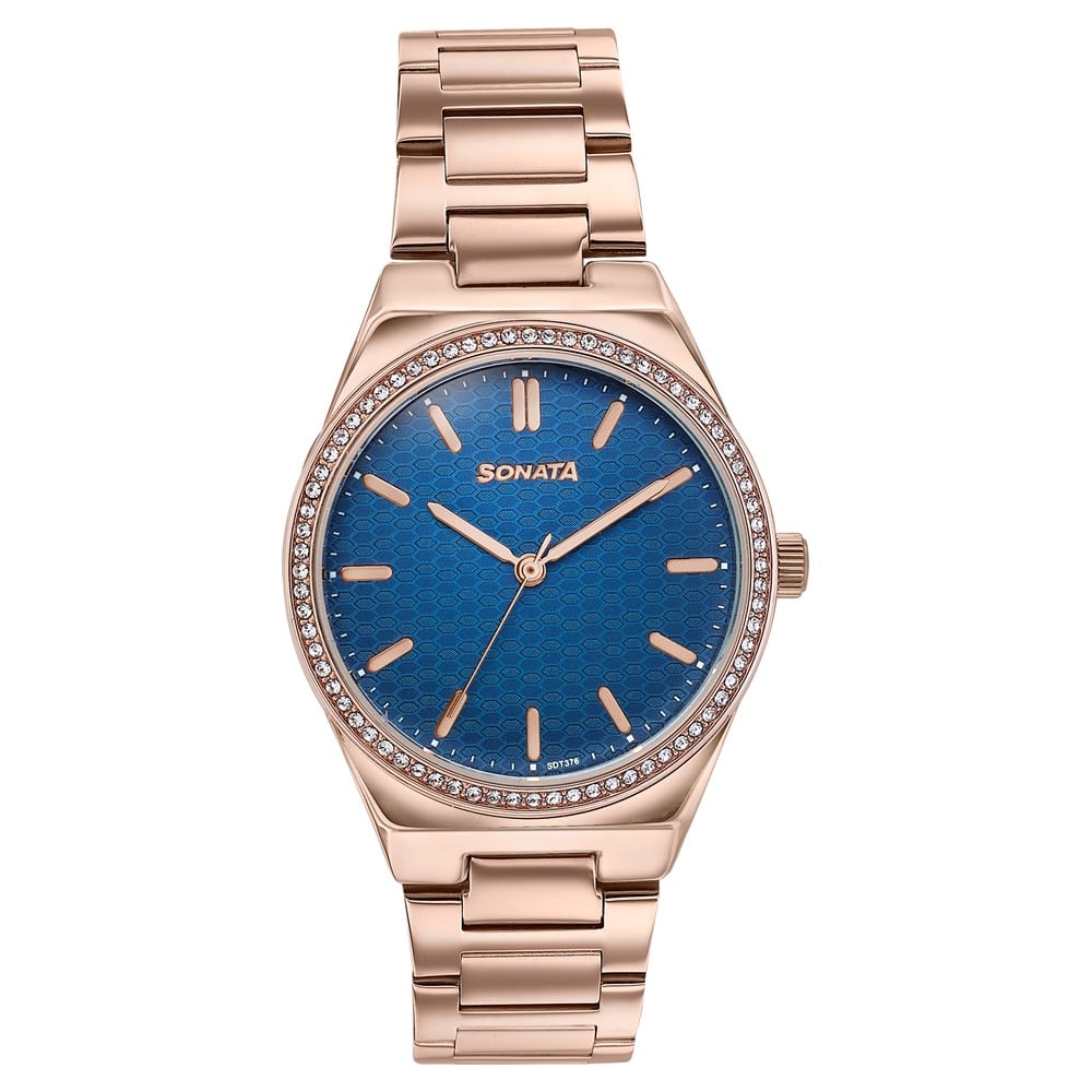 Sonata Jashn Quartz Analog Blue Dial Rose Gold Metal Strap Watch For Women