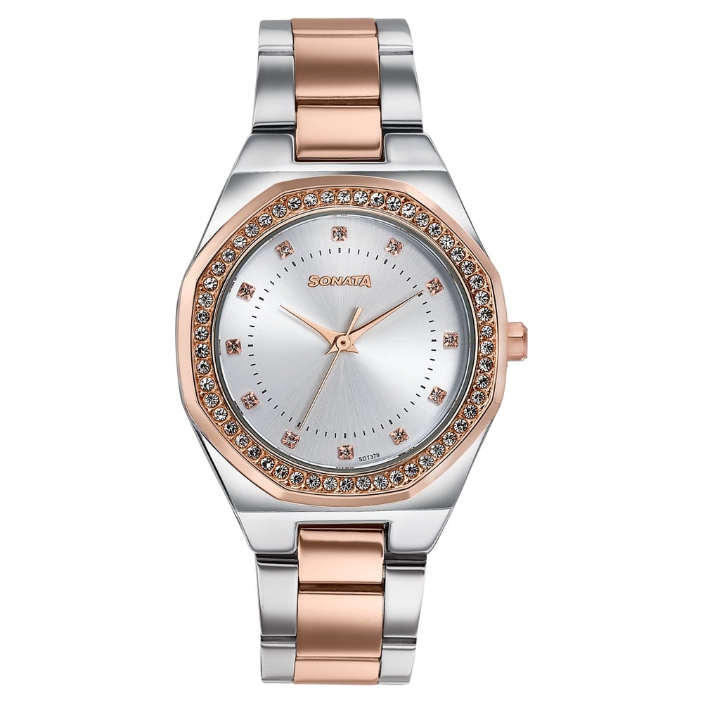 Sonata Jashn Quartz Analog White Dial Two Toned Metal Strap Watch For Women
