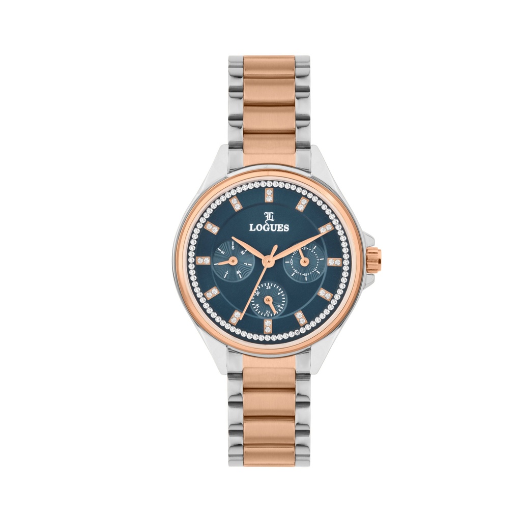 [L1715BWMD-04] Logues Quartz Analogue Blue Dial Rose Two Tone Metal Strap Watch For Women