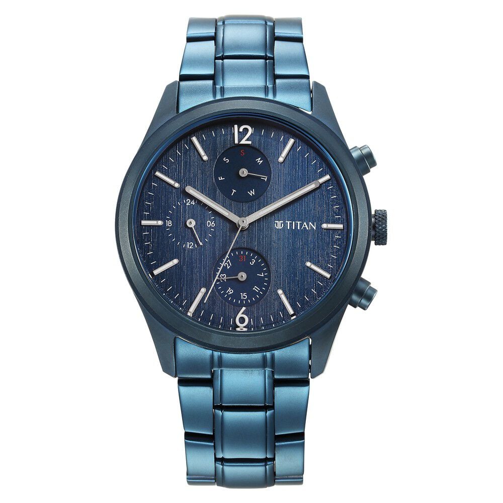 [1805qm07] Titan Neo Splash Blue Dial Quartz Multifunction Stainless Steel Strap Watch for Men