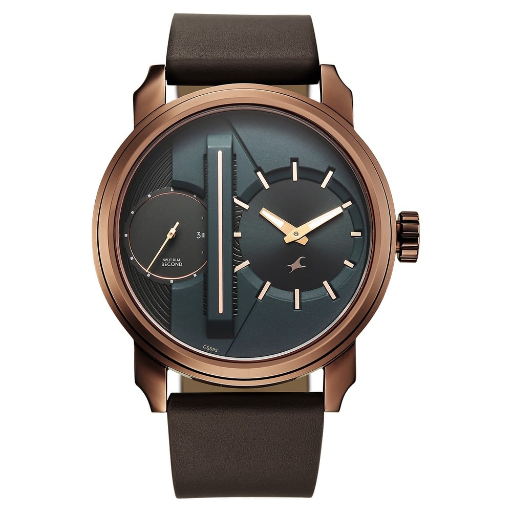 Fastrack Pulse IV Dual Time Analog Watch with Green Dial & Brown Leather Strap For Guys