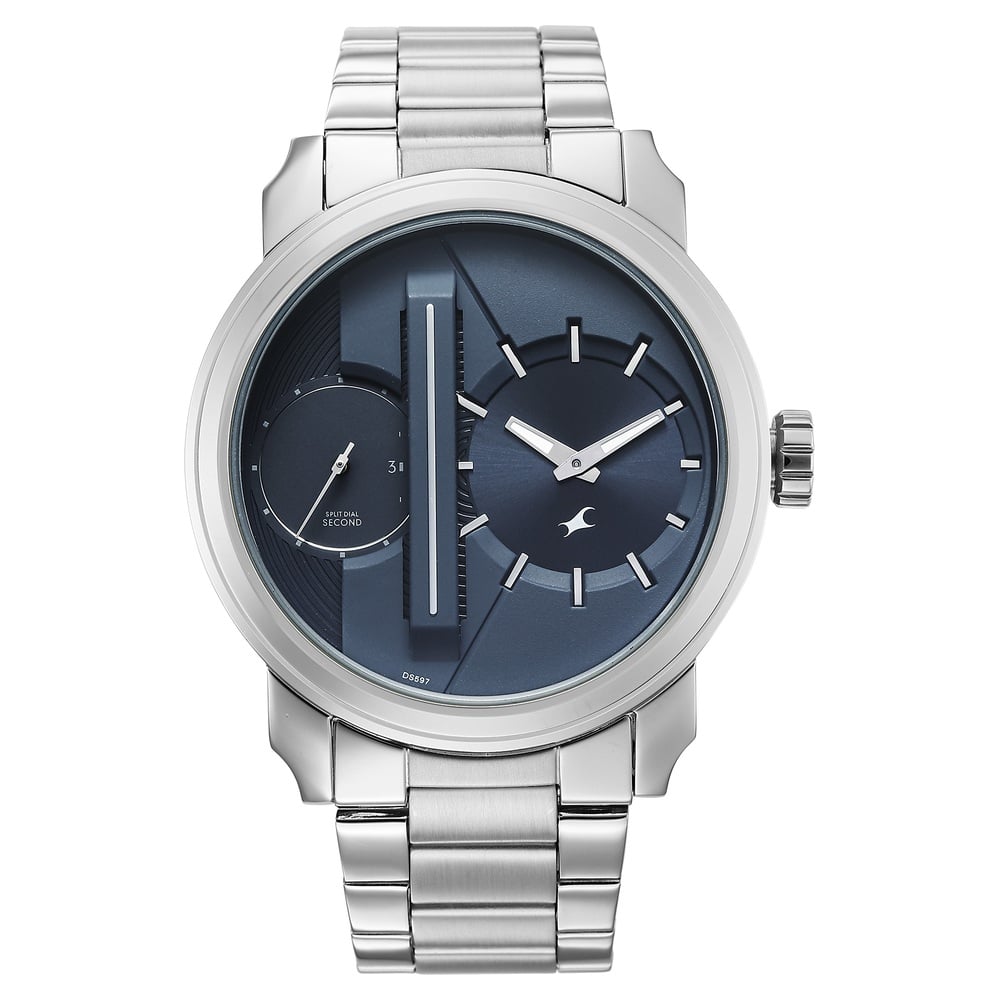 Fastrack Pulse IV Dual Time Analog Watch with Blue Dial & Silver Stainless Steel Strap For Guys
