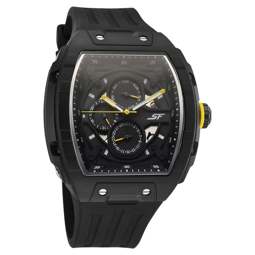 SF Maiden Voyage Sport Watch - Black Dial & Strap - Tonneau Shaped Case with Multifunction movement