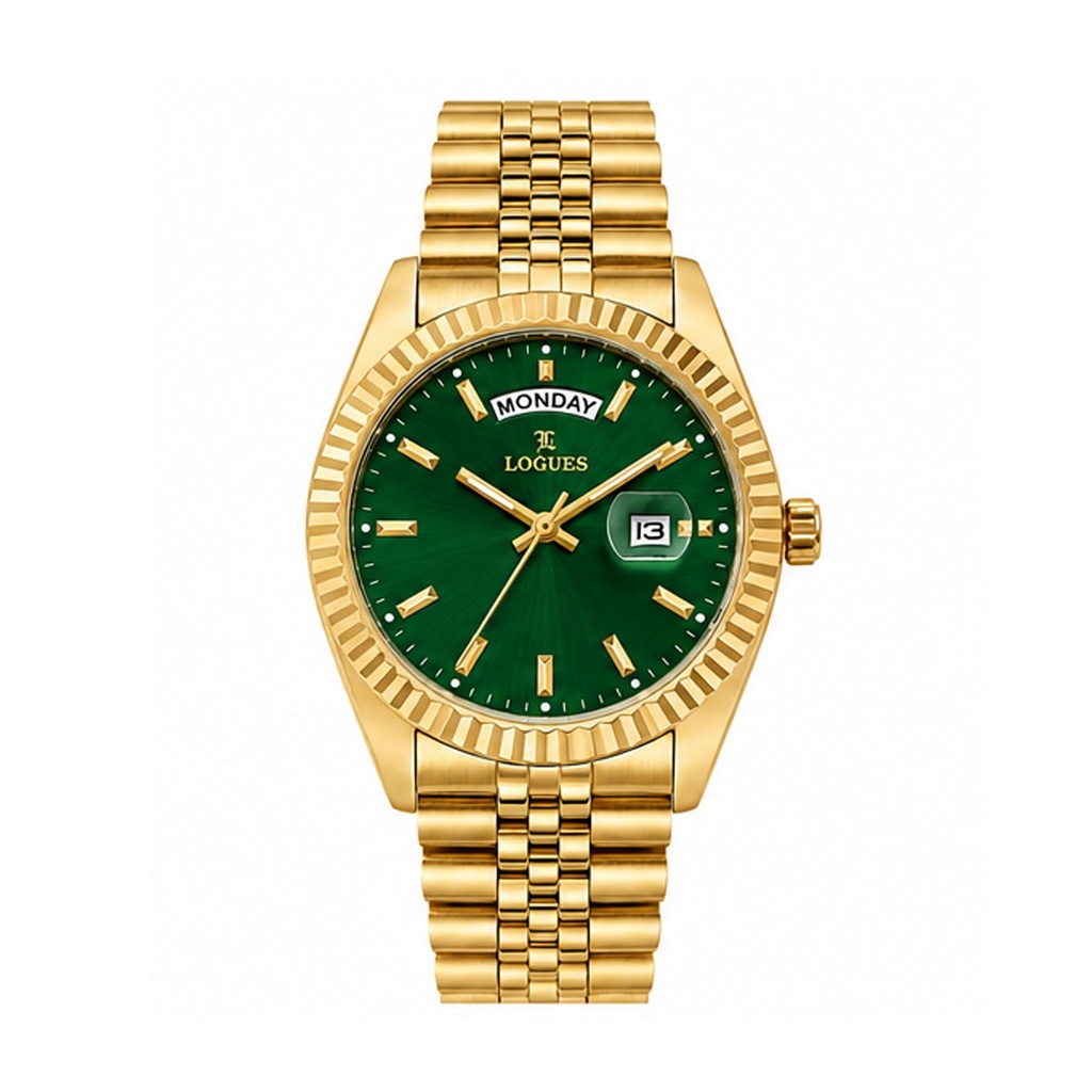 [G4167YMD-10] Logues Quartz Analogue Green Dial Gold Metal Strap Watch For Men