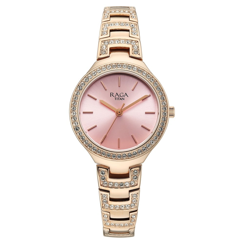 Titan Raga Spotlight Quartz Analog Pink Dial Rose Gold Metal Strap Watch For Women