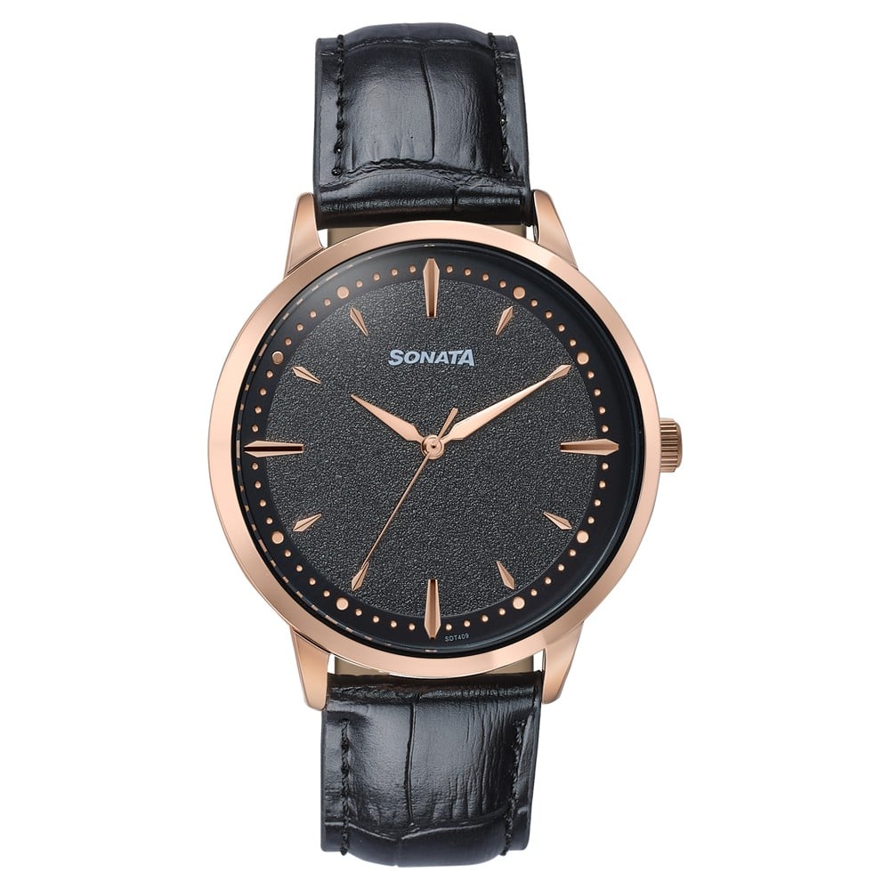 Sonata Jashn Quartz Analog Black Dial Black Leather Strap Watch For Men
