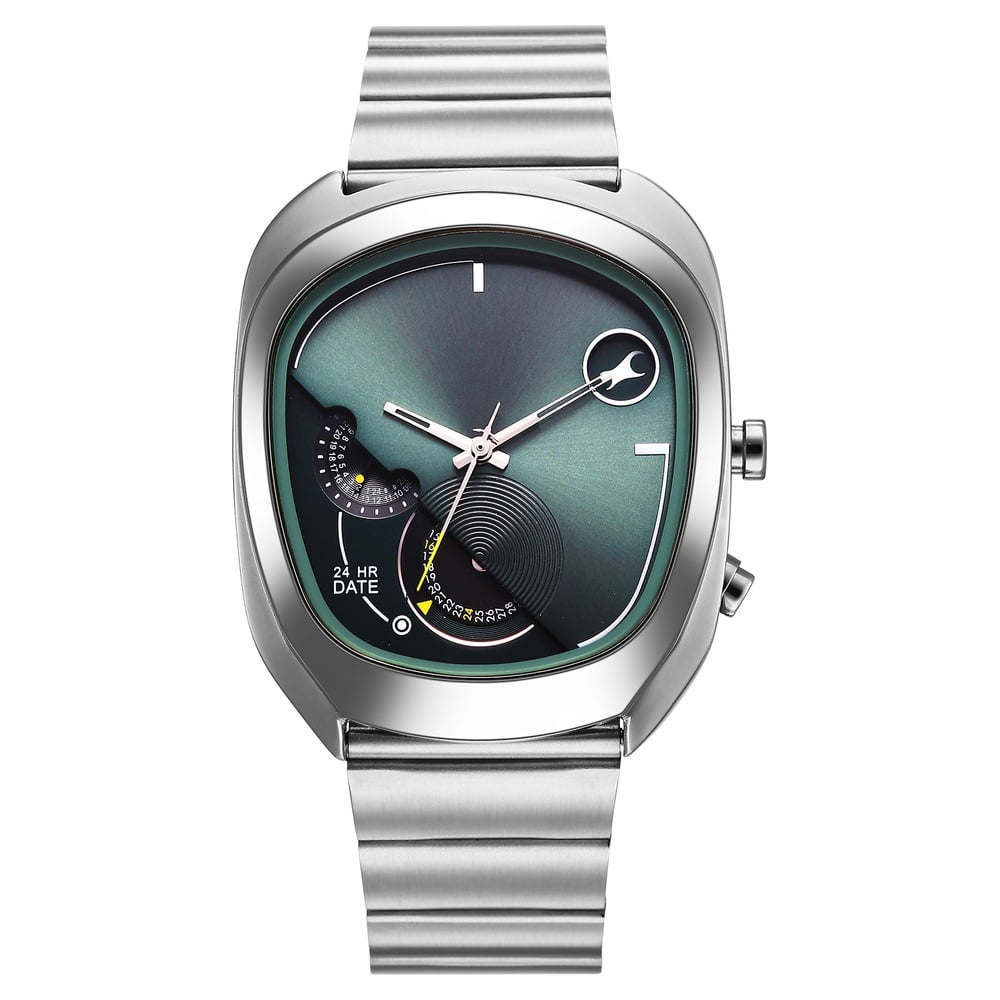 Fastrack UFO Quartz Multifunction Green Dial Silver Stainless Steel Strap Watch For Guys