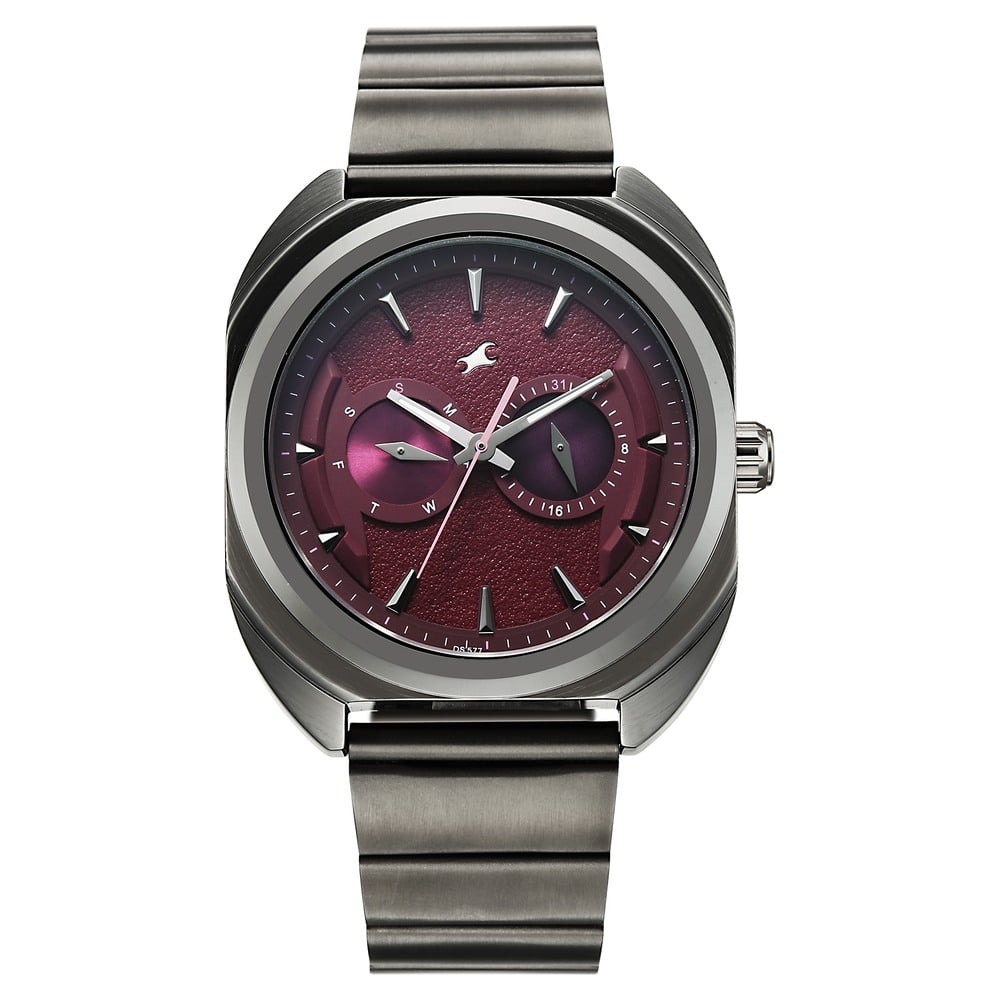 Fastrack Wild Analog with Burgandy Dial Gun Metal Strap Watch for Guys