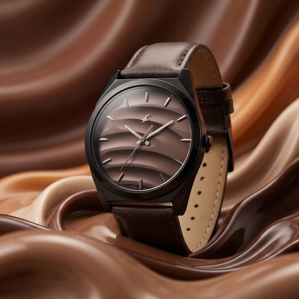 Fastrack Gelato Black leather strap watch with Chocolate dial for Guys
