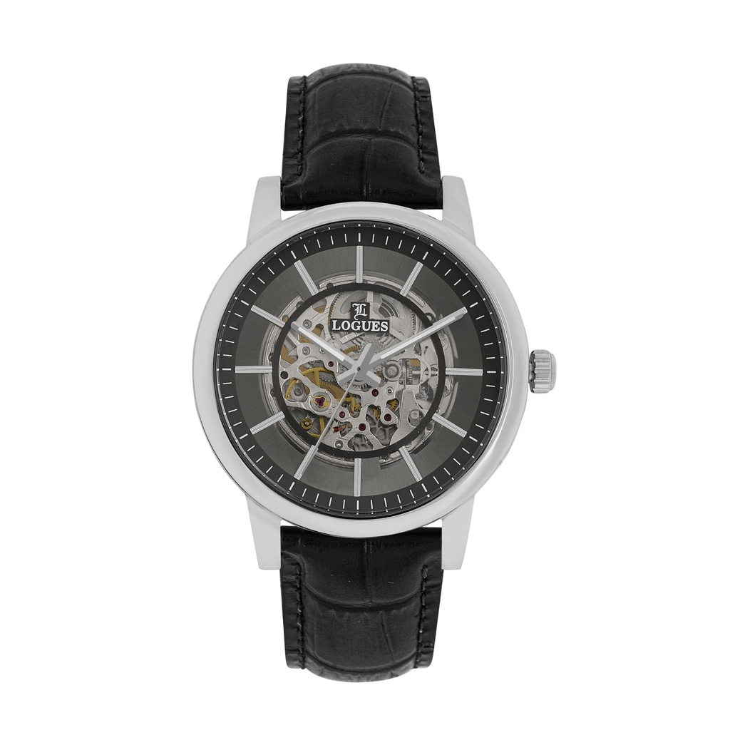 [G8501SL-44] Logues Automatic Analogue Grey Dial Black Leather Strap Watch For Men
