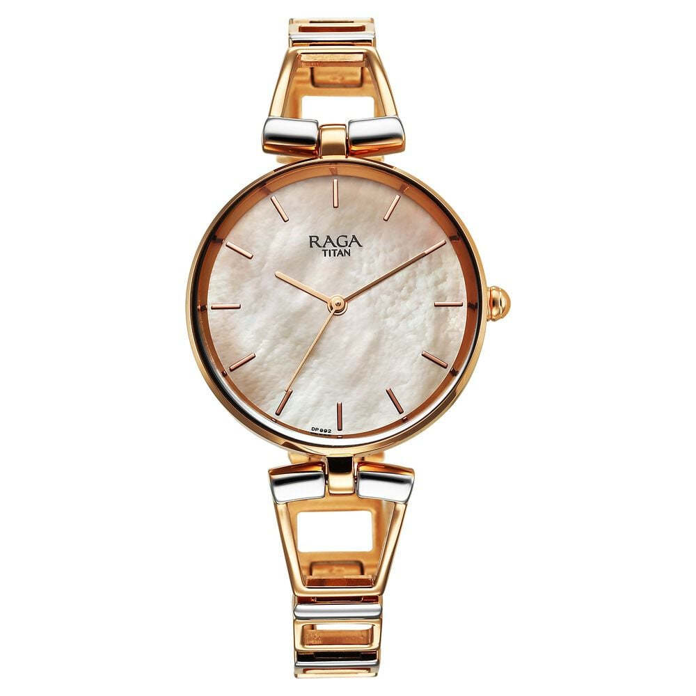 [2747KM01] Titan Raga Ascend Quartz Analog Mother Of Pearl Dial With Two Toned Color Metal Strap Watch For Women