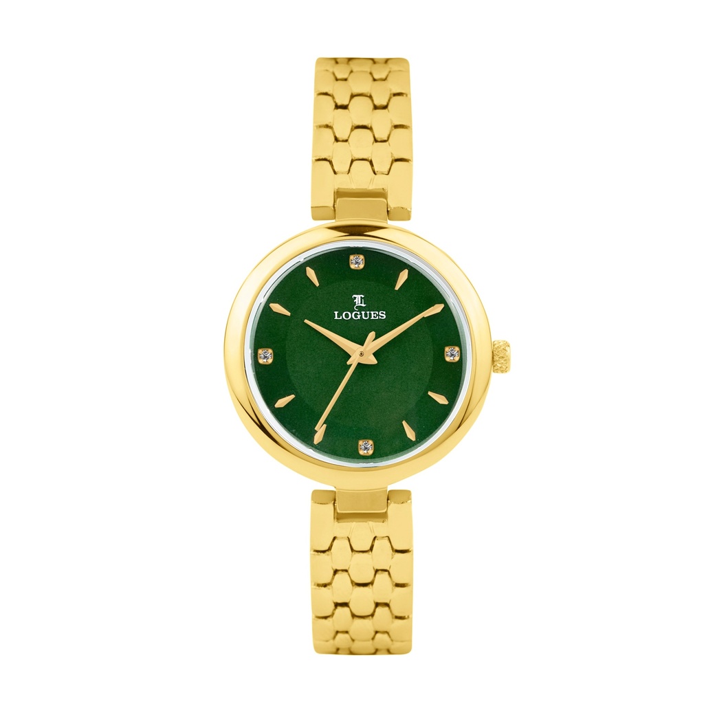 [L6263YM-10] Logues Quartz Analogue Green Dial Gold Metal Strap Watch For Women