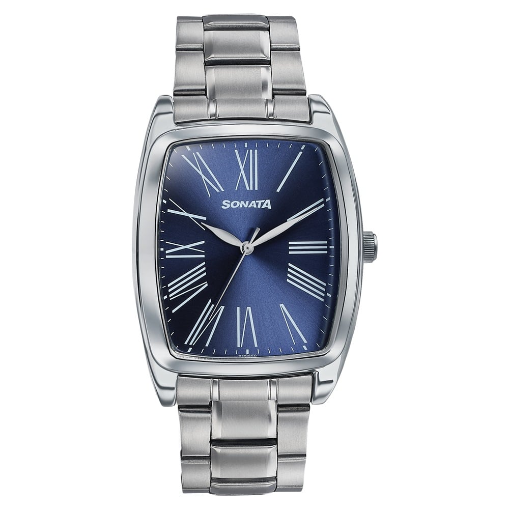 Sonata Ascent Blue Tonneau Watch with Metal Bracelet