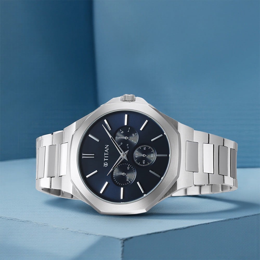 Titan Classic Slim Multifunction Quartz Multifunction Blue Dial Stainless Steel Strap Watch For Men