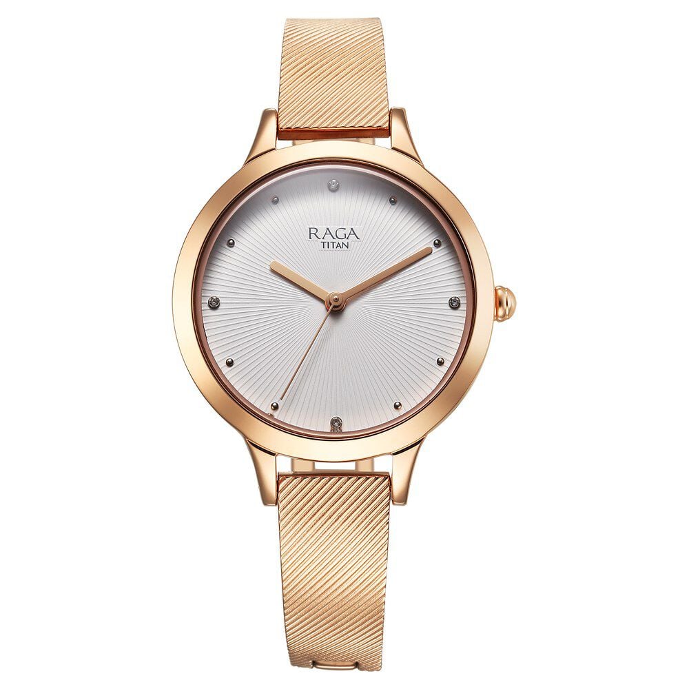[2754WM01] Titan Raga Memoirs Quartz Analog White Dial With Rose Gold Color Metal Strap Watch For Women