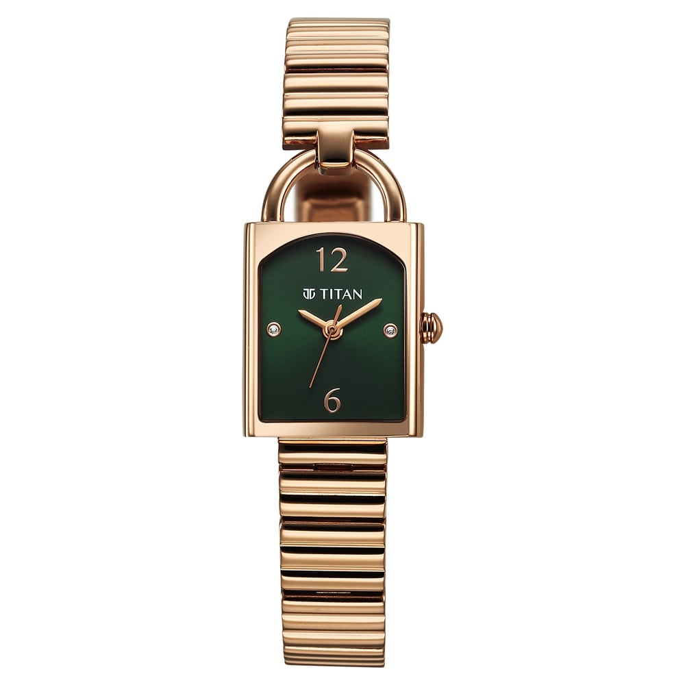 Titan Purple Metro Quartz Analog Green Dial Champagne Gold Stainless Steel Strap Watch For Women