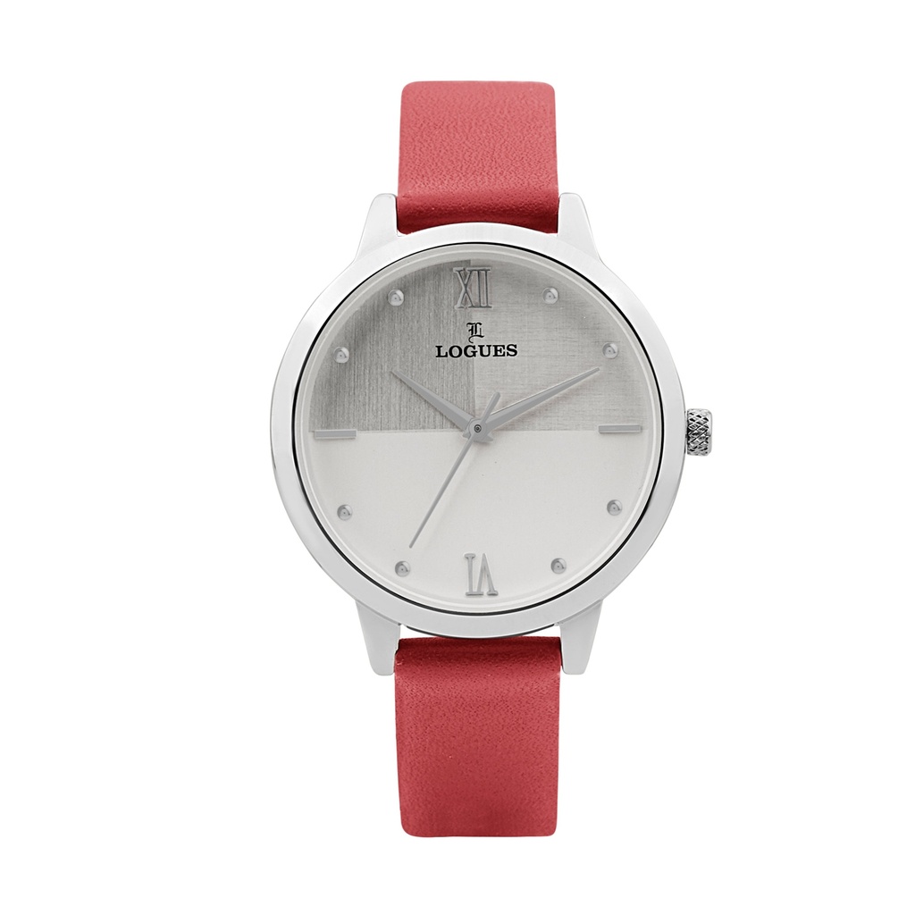 [L5122SL-51] Logues Quartz Analogue Silver Dial Red Leather Strap Watch For Women