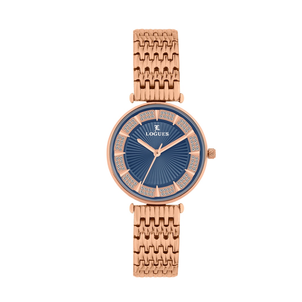 [L6187WM-04] Logues Quartz Analogue Blue Dial Rose Metal Strap Watch For Women